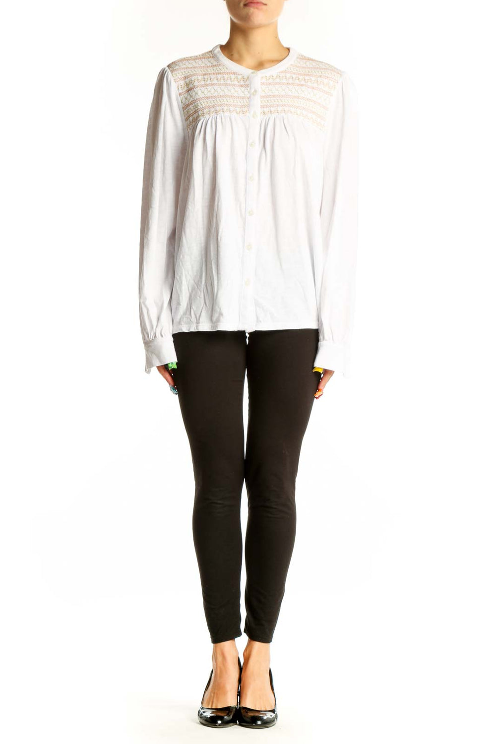 Front view of white Boden cotton top with embroidered yoke