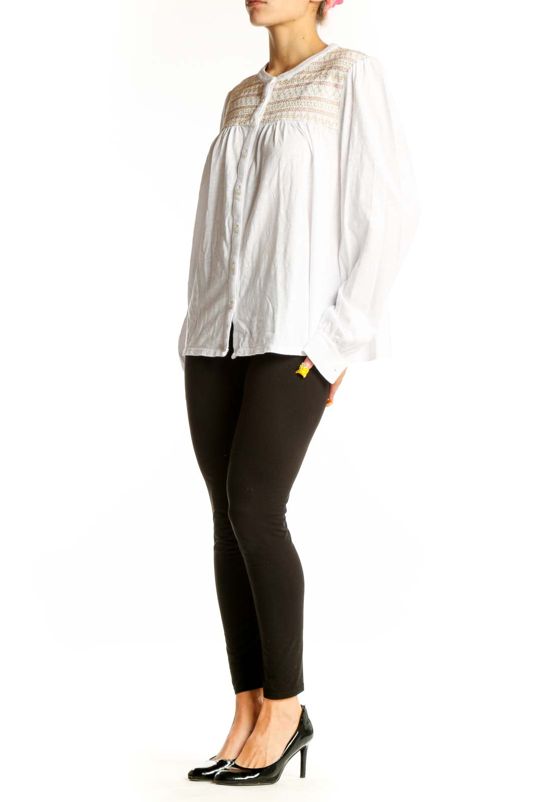 Front view of white Boden cotton top with embroidered yoke