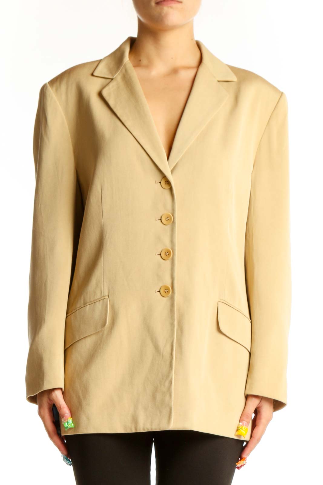 Front view of Pure Silk beige polyester blazer jacket