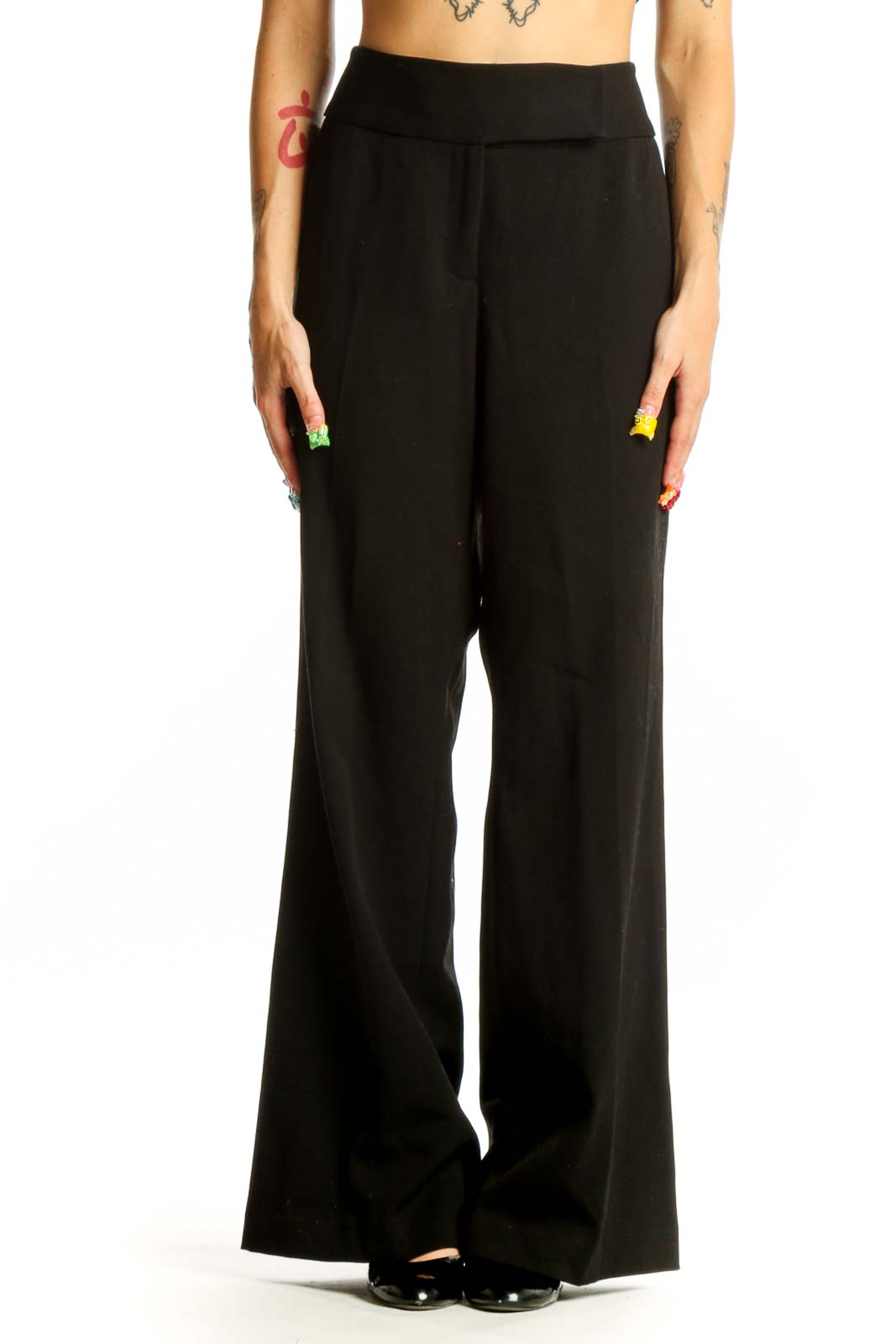 Front view of Vesti black wide-leg dress pants on model