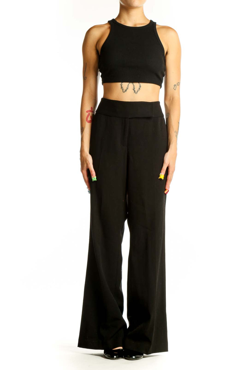 Front view of Vesti black wide-leg dress pants on model