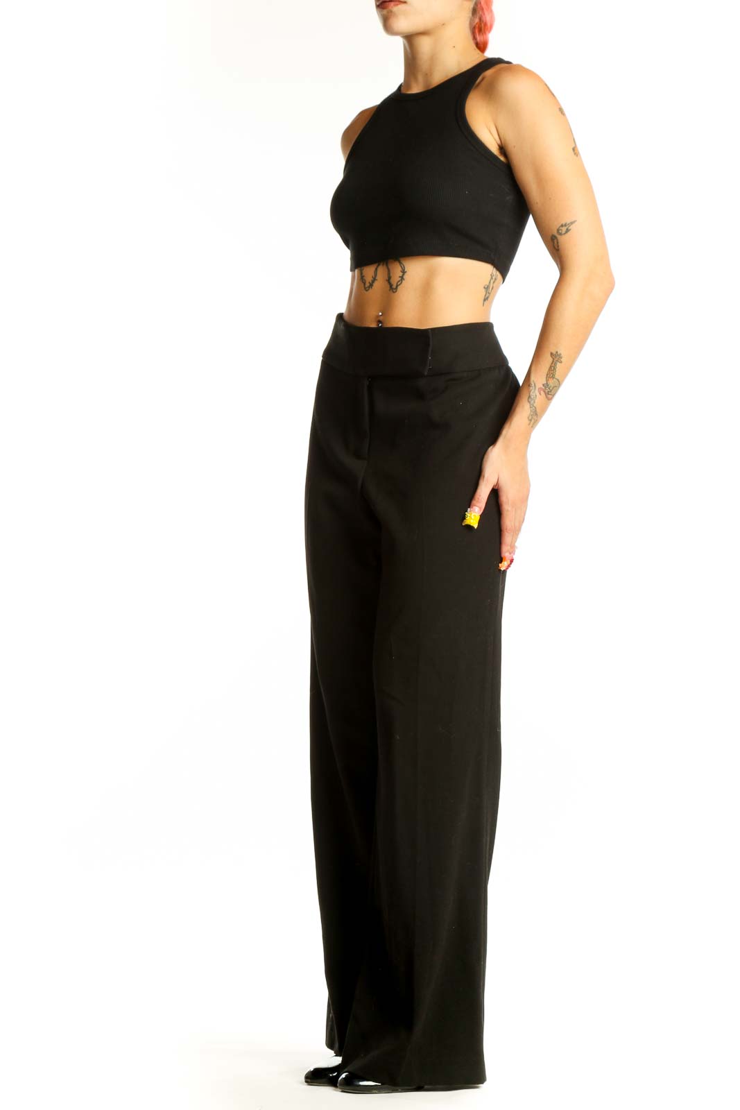 Front view of Vesti black wide-leg dress pants on model