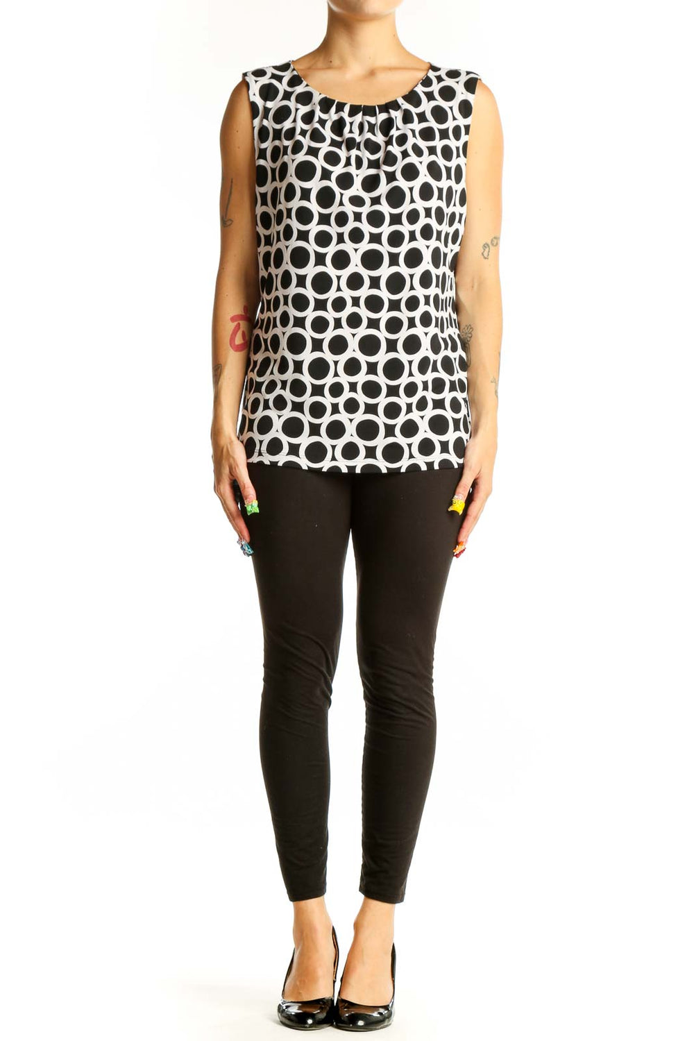Front view of Calvin Klein Black and White Polka Dot Sleeveless Top