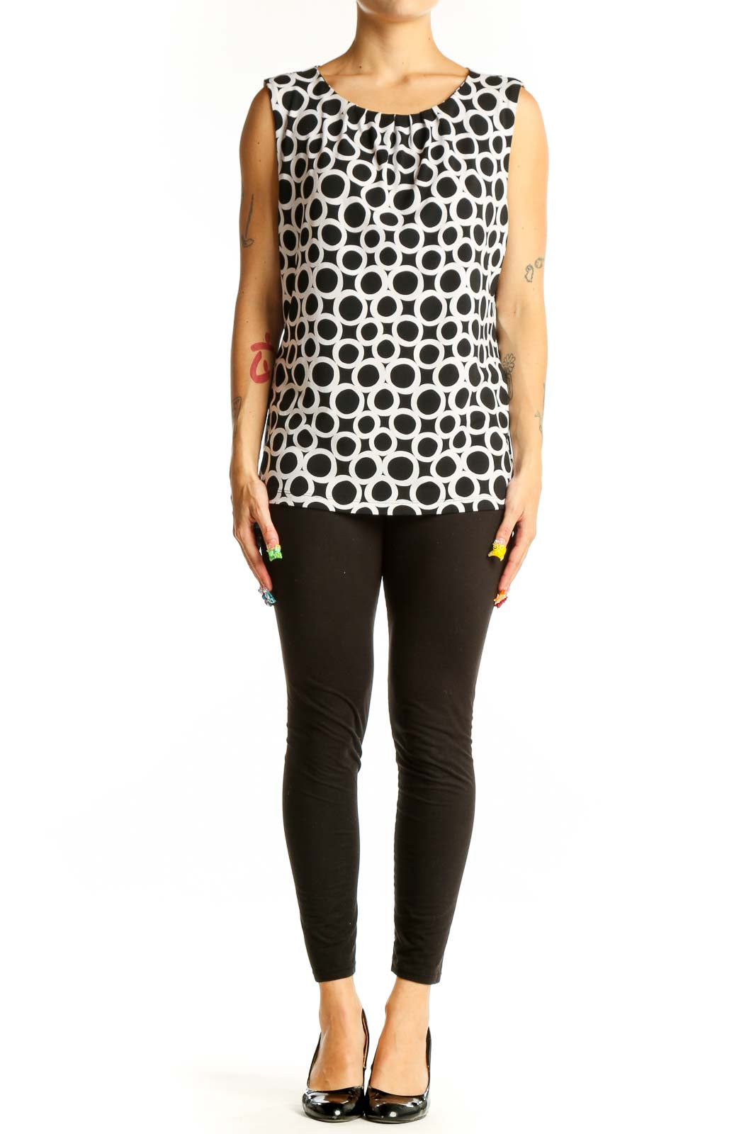 Front view of Calvin Klein Black and White Polka Dot Sleeveless Top