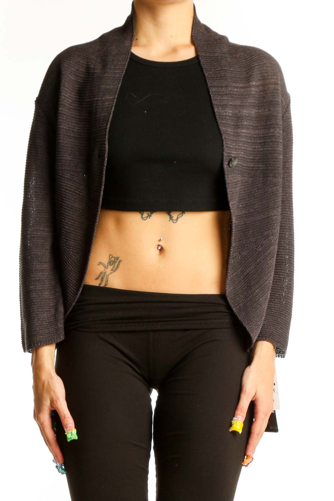 Front view of gray ribbed open front cardigan by Carivivace