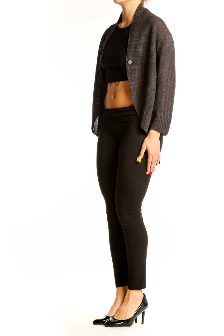 Front view of gray ribbed open front cardigan by Carivivace