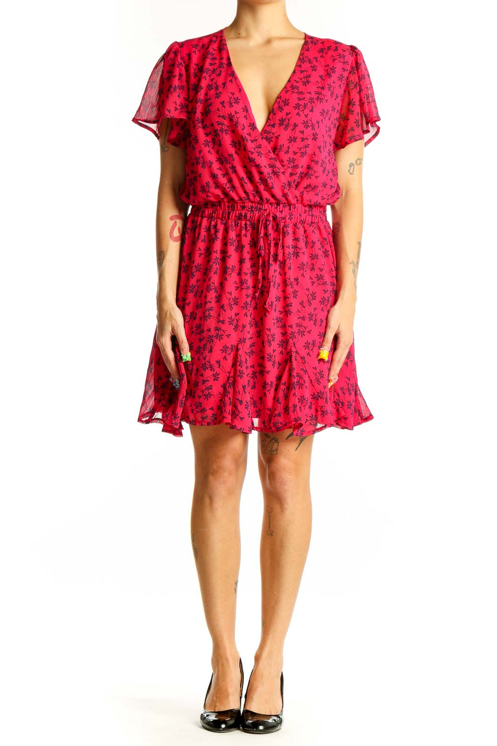 Front view of red floral wrap mini dress with v-neckline and short sleeves