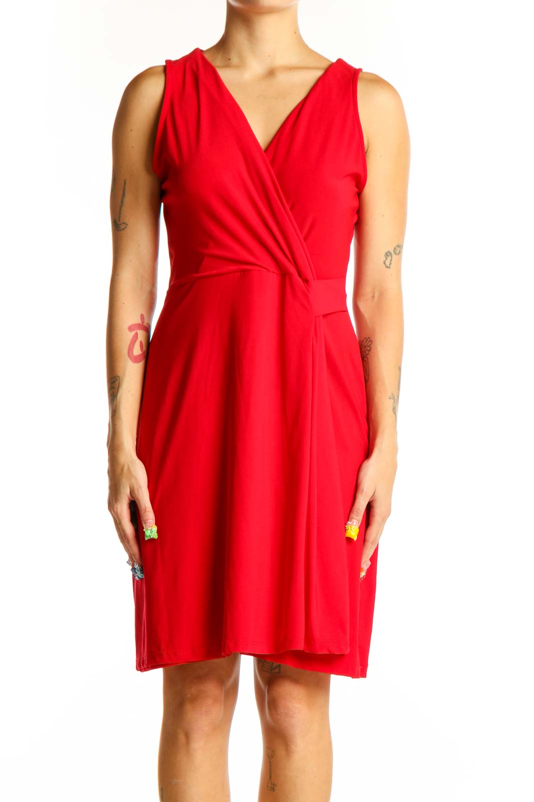 Front view of red wrap-style sleeveless dress by Hail3y:23