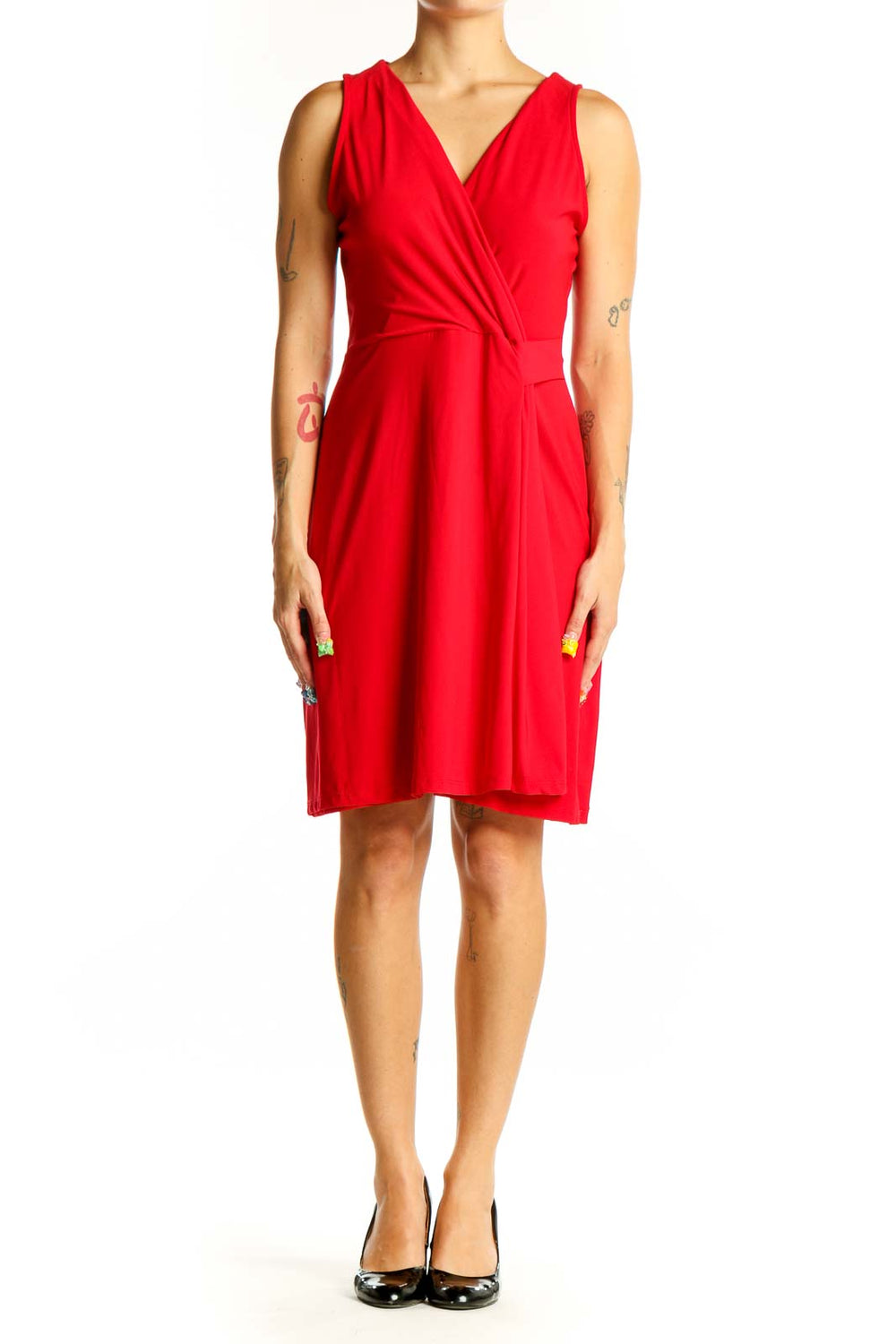 Front view of red wrap-style sleeveless dress by Hail3y:23