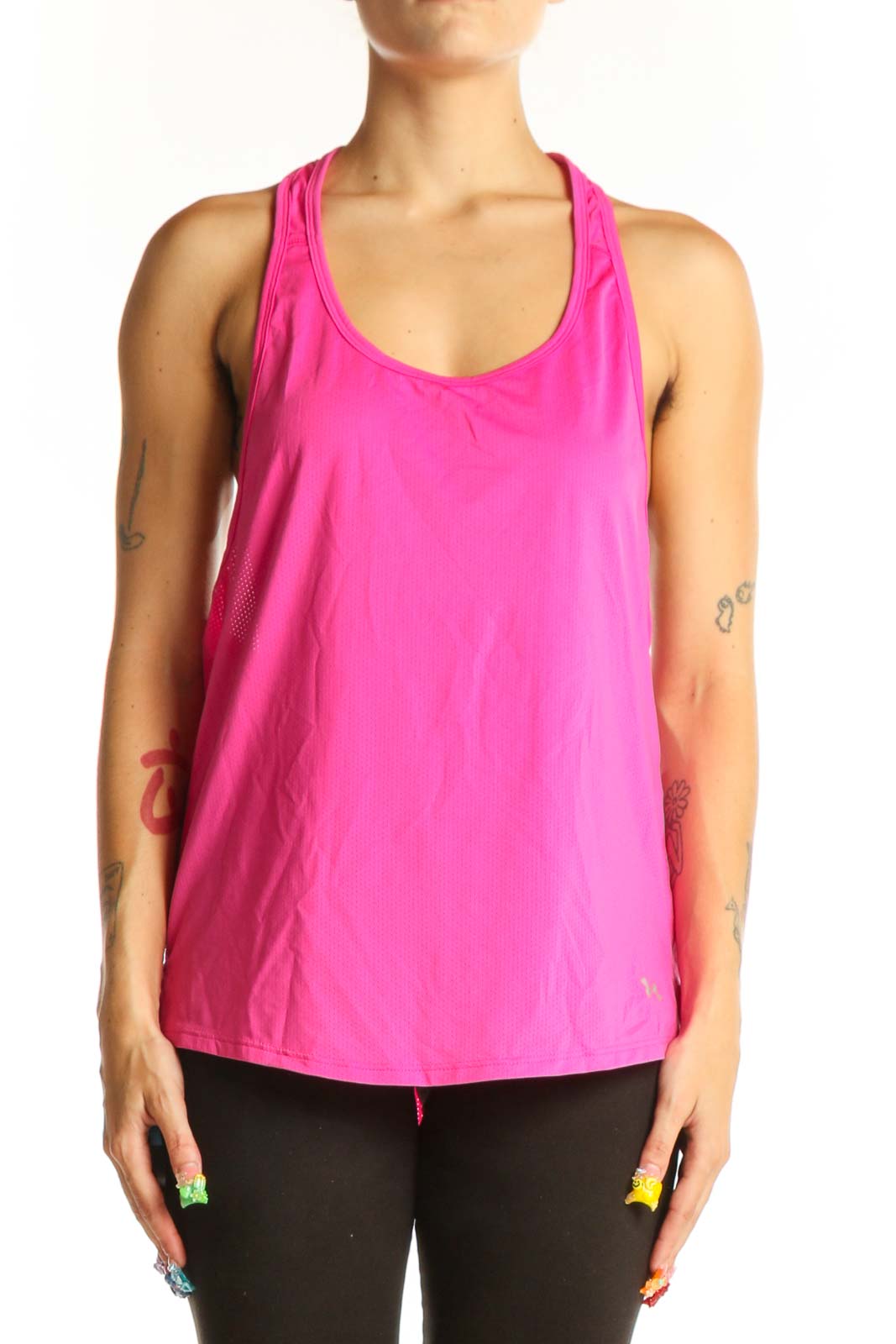 Front view of pink HeatGear racerback performance tank top