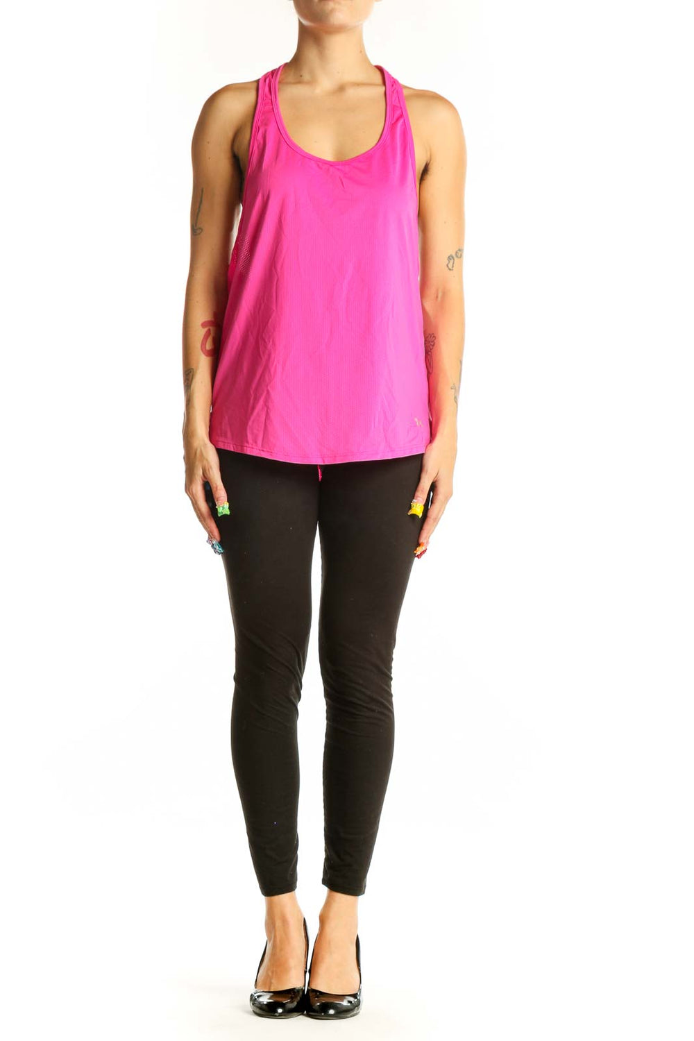 Front view of pink HeatGear racerback performance tank top