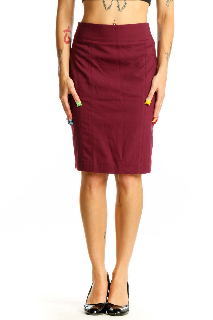 Front view of burgundy Express pencil skirt on model
