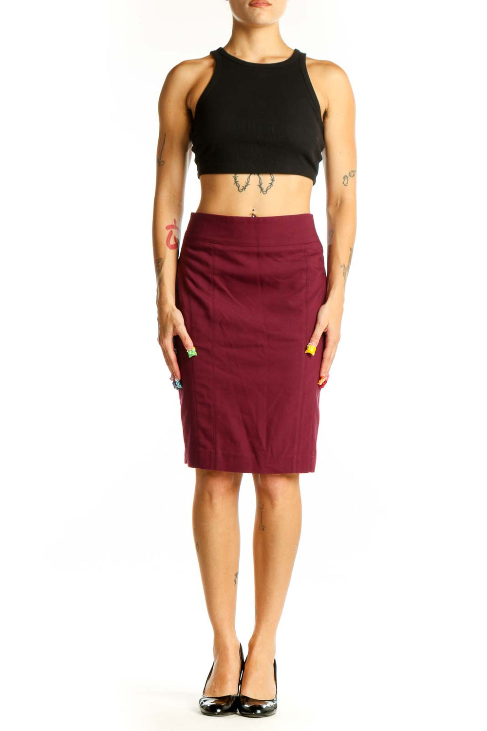 Front view of burgundy Express pencil skirt on model