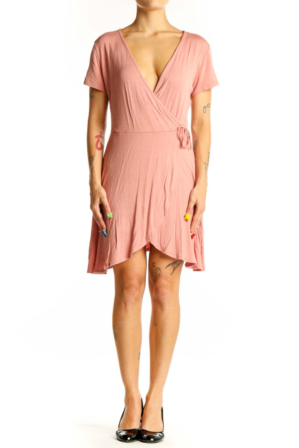 Front view of pink Rolla Coster wrap-style short sleeve top