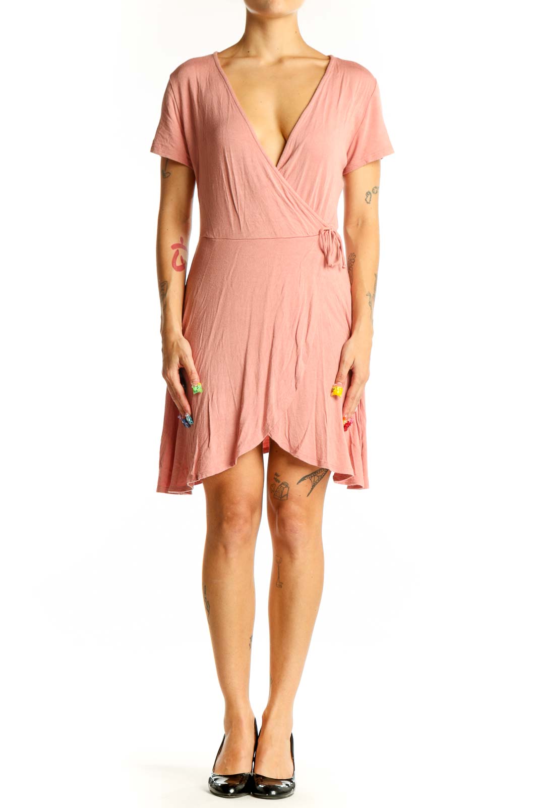 Front view of pink Rolla Coster wrap-style short sleeve top