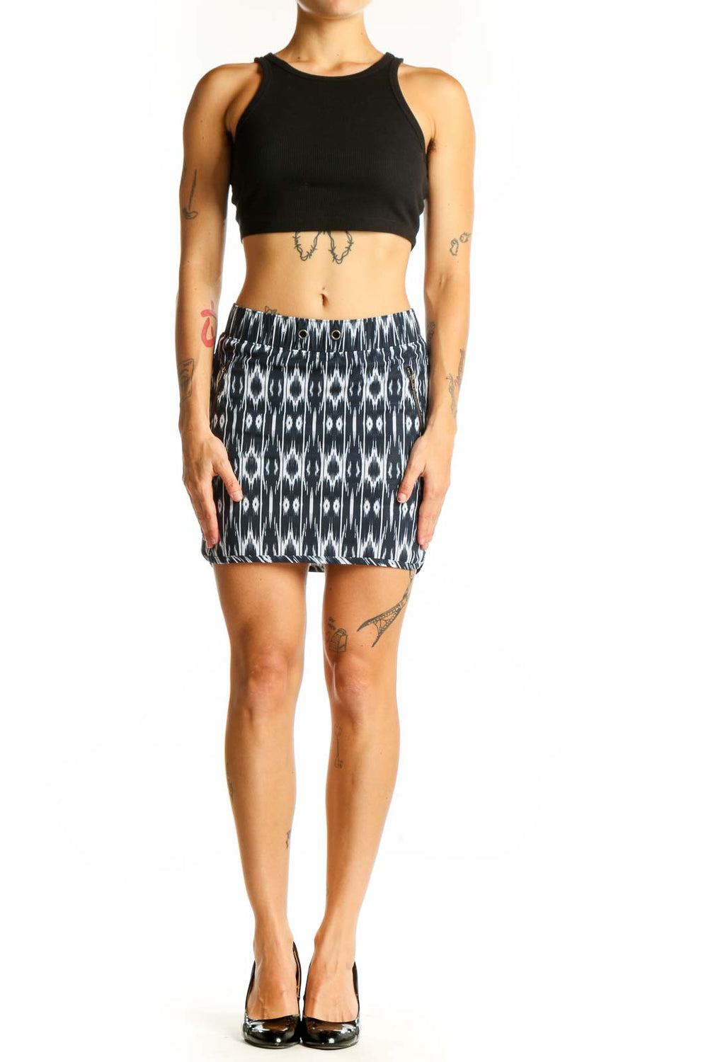 Front view of Athleta black and white ikat print athletic shorts