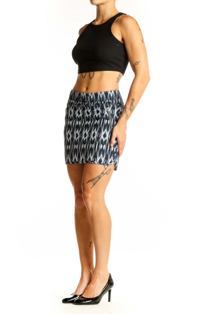 Front view of Athleta black and white ikat print athletic shorts