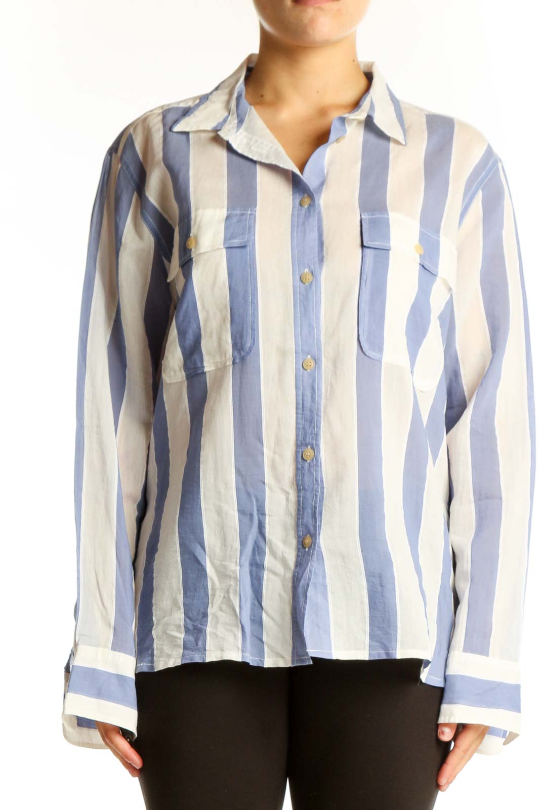 Front view of J.Crew blue and white striped cotton-silk blend shirt
