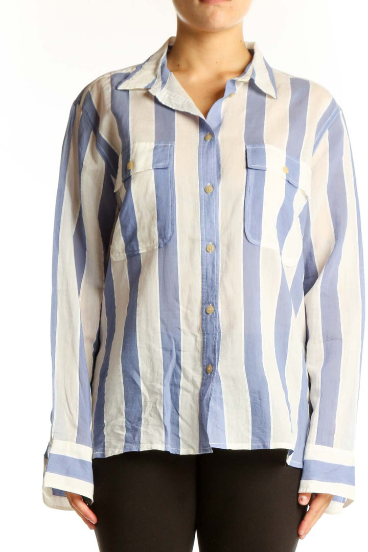Front view of J.Crew blue and white striped cotton-silk blend shirt