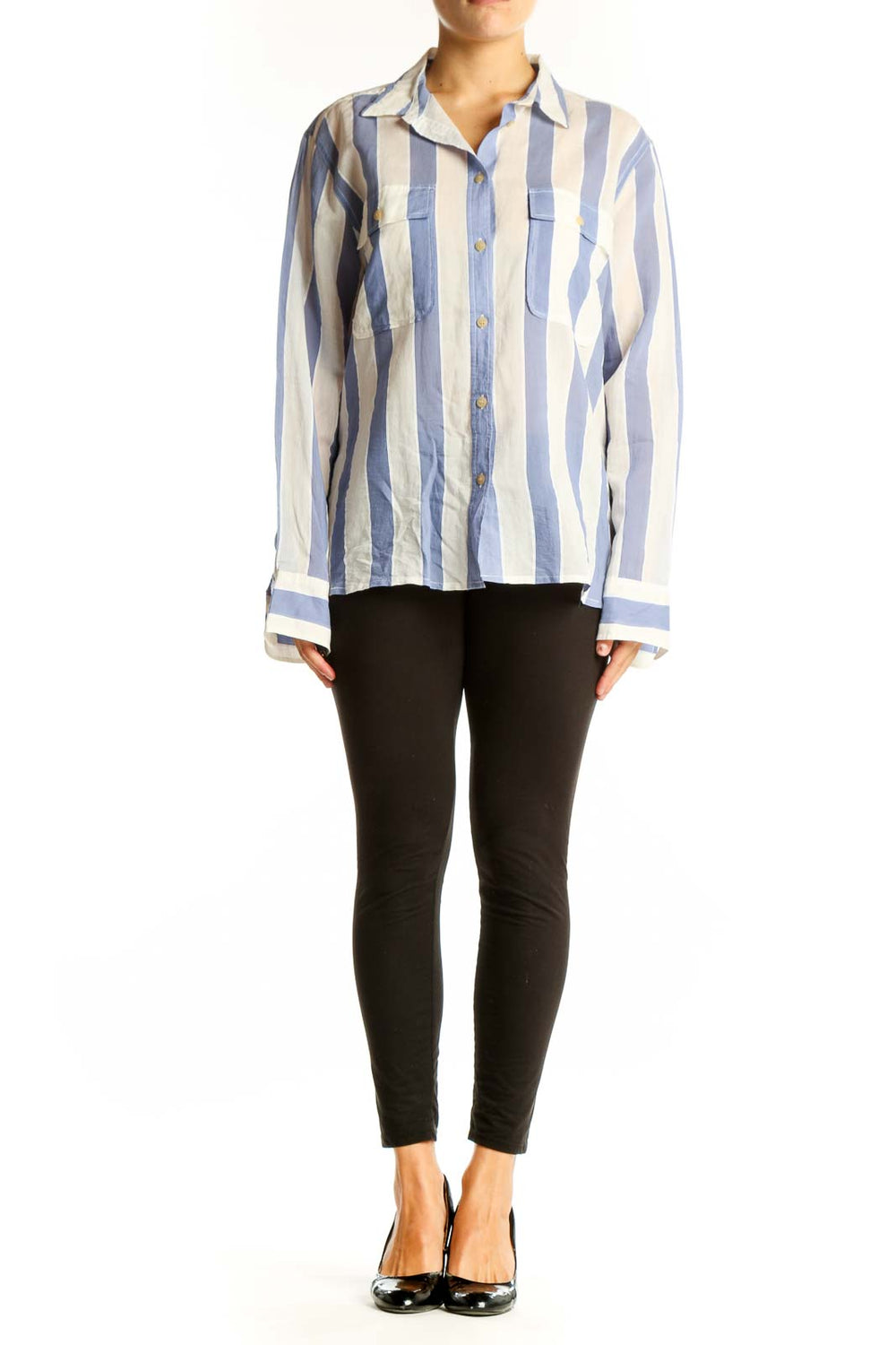 Front view of J.Crew blue and white striped cotton-silk blend shirt