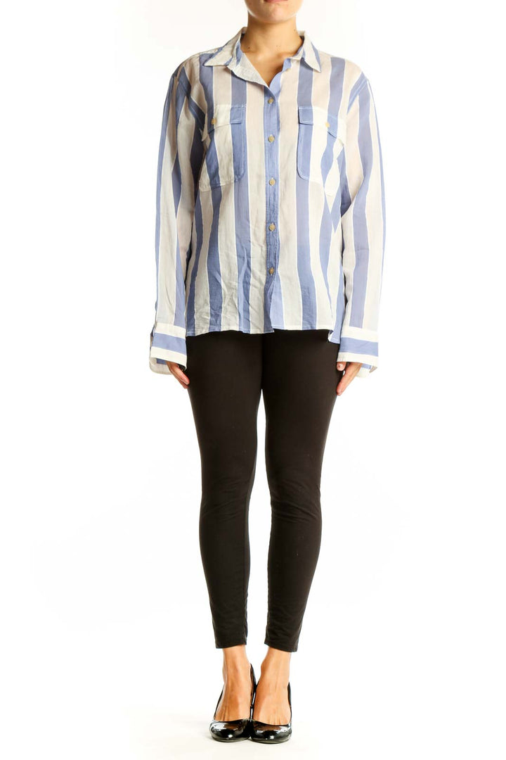 Front view of J.Crew blue and white striped cotton-silk blend shirt