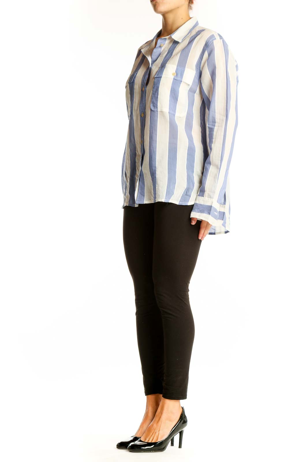 Front view of J.Crew blue and white striped cotton-silk blend shirt