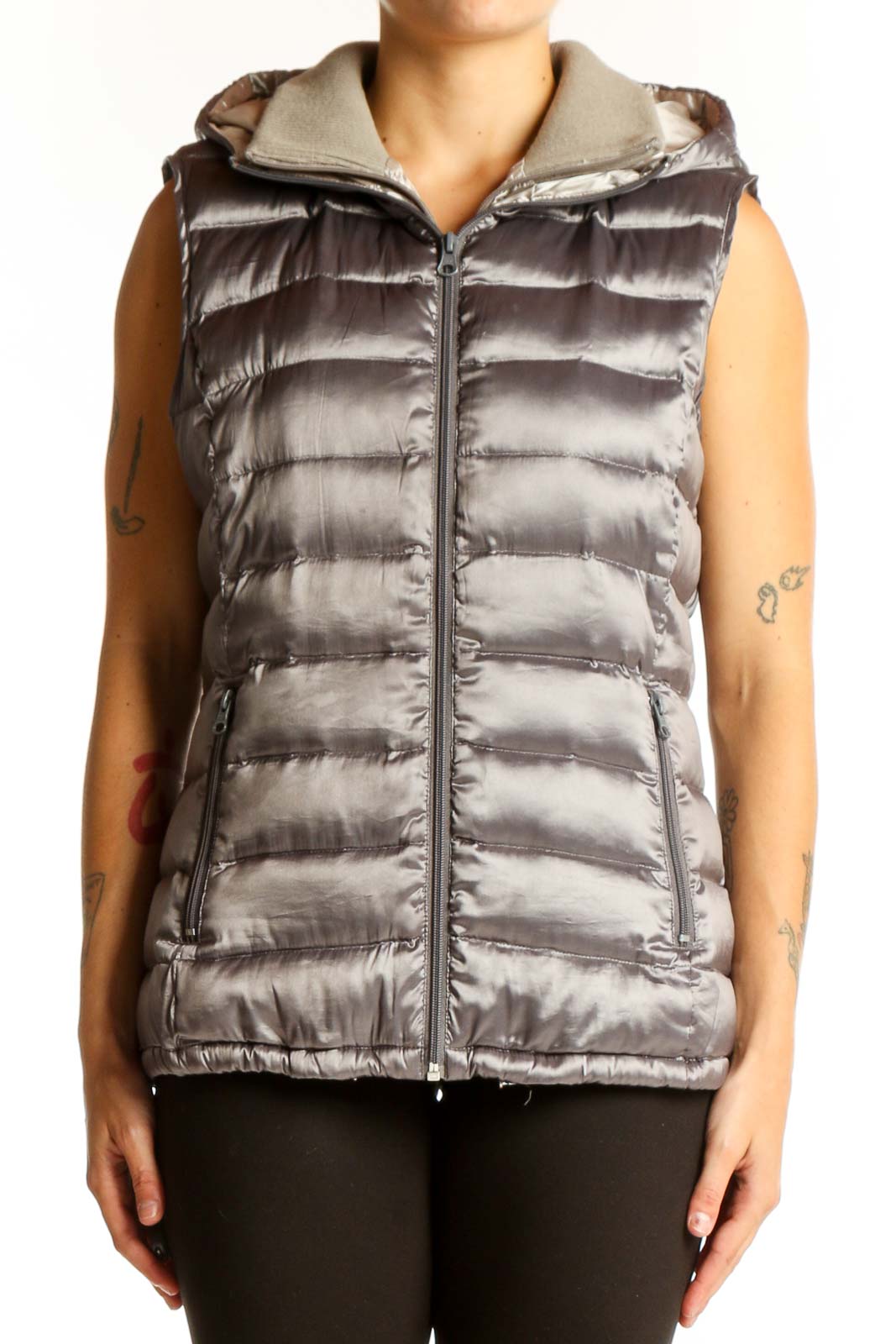 Front view of silver Bernardo quilted puffer vest with hood