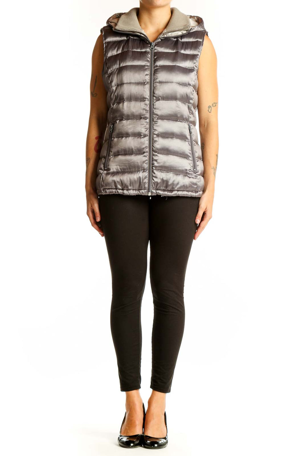Front view of silver Bernardo quilted puffer vest with hood