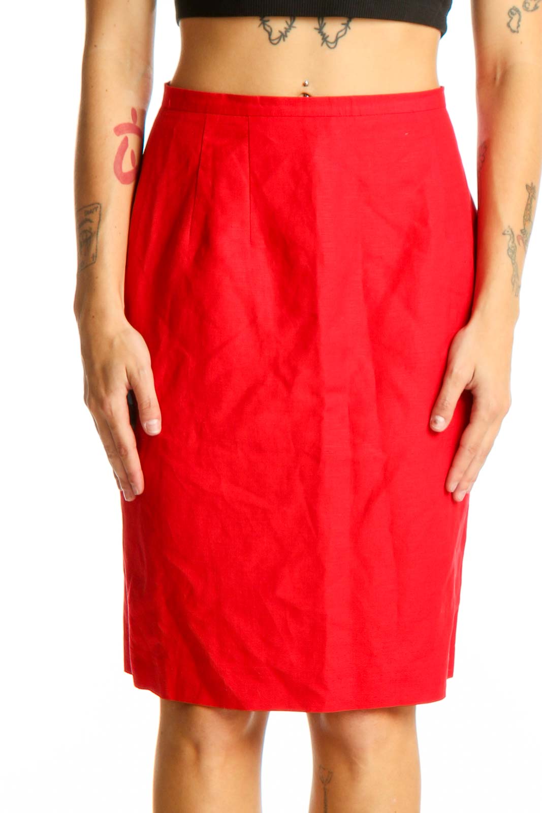 Front view of Harve Bernard red linen-blend pencil skirt