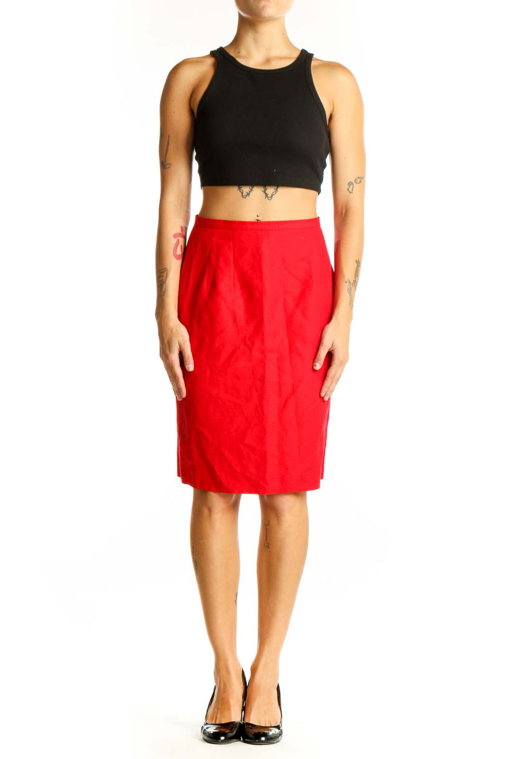 Front view of Harve Bernard red linen-blend pencil skirt