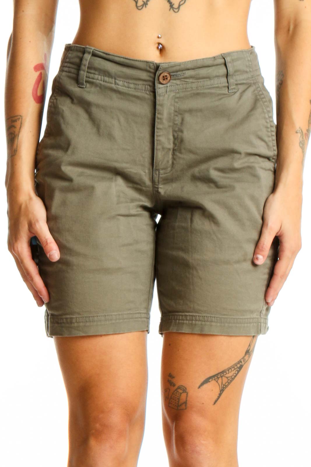 Front view of olive green Tentree 10 chino shorts on model