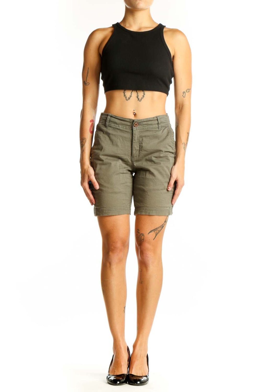 Front view of olive green Tentree 10 chino shorts on model