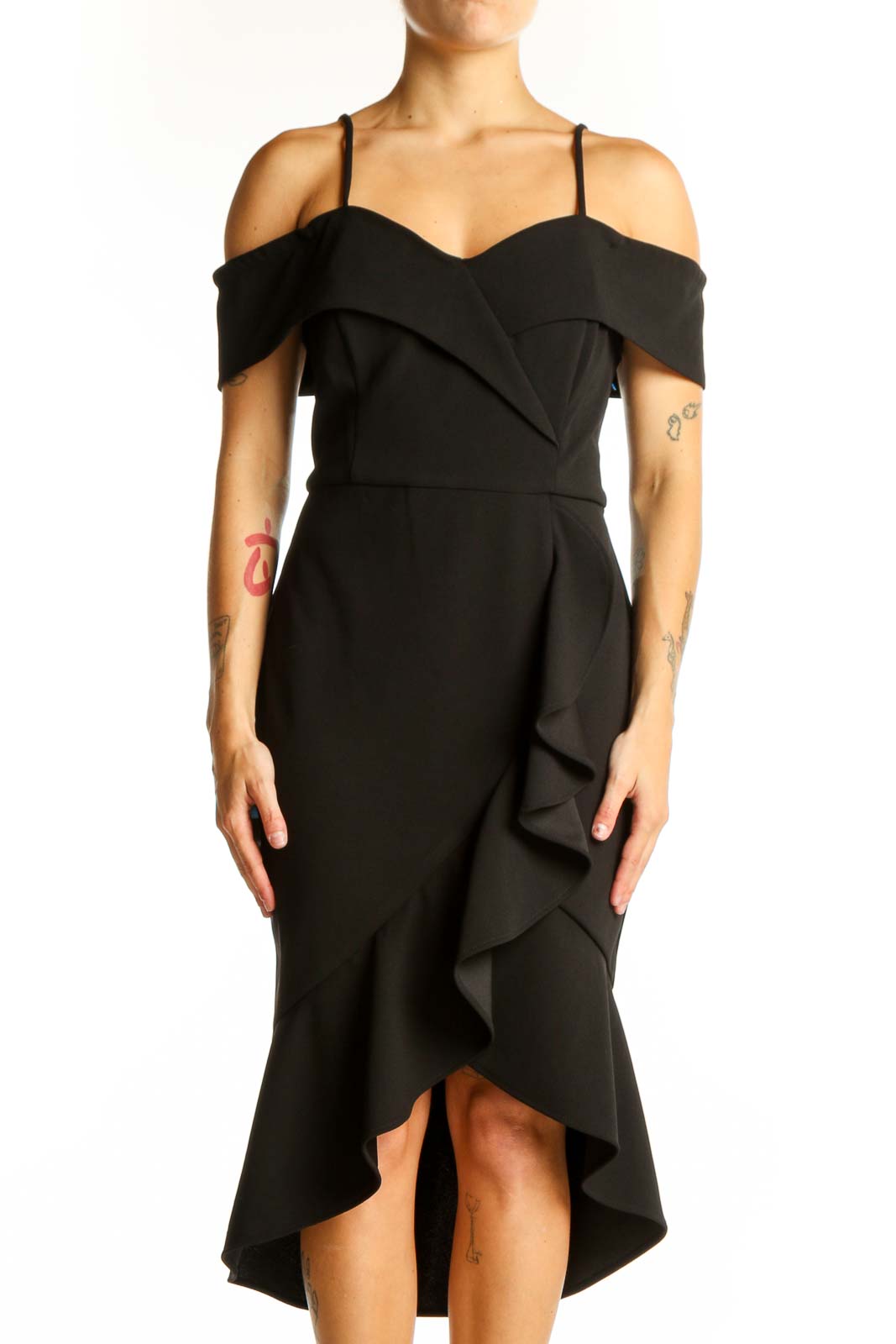 Front view of black off-shoulder ruffle cocktail dress by Bebe