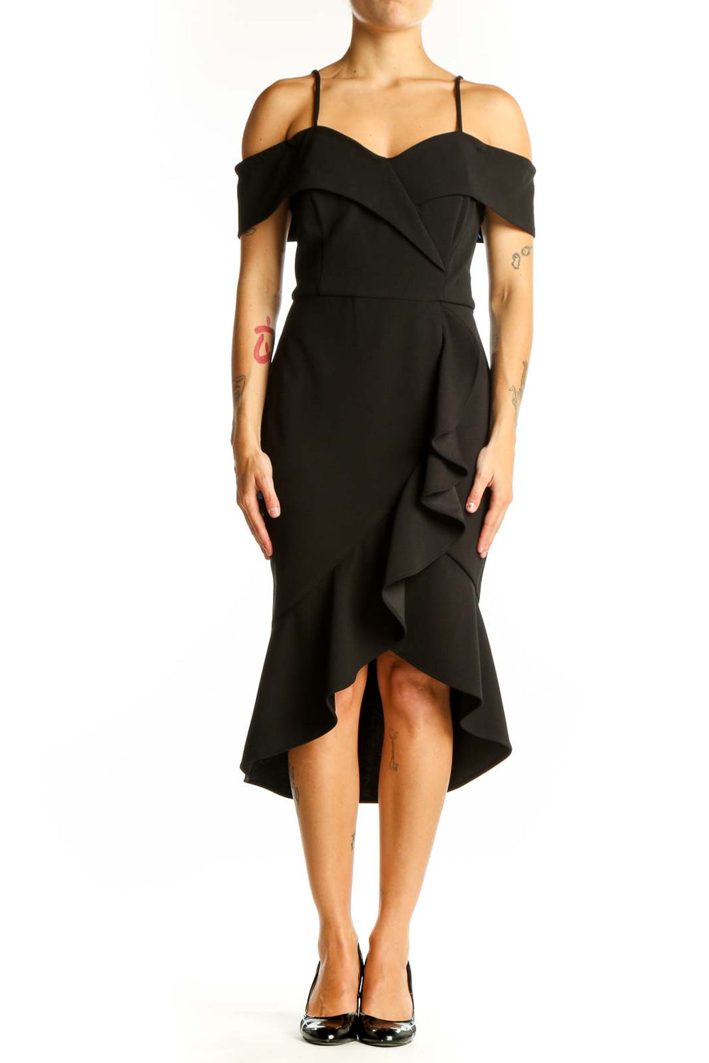 Front view of black off-shoulder ruffle cocktail dress by Bebe