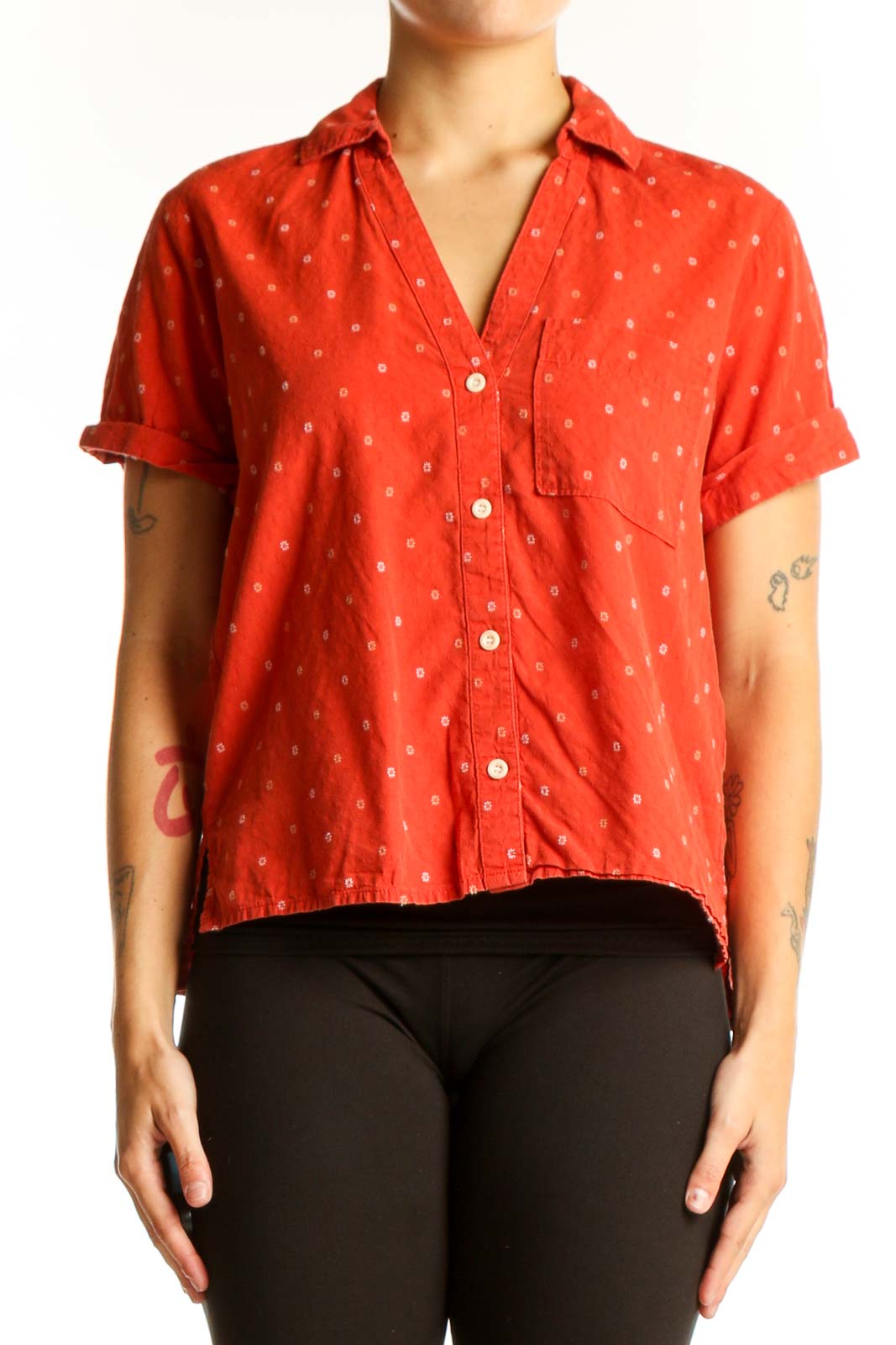 Front view of Madewell red polka dot short-sleeve button-up shirt