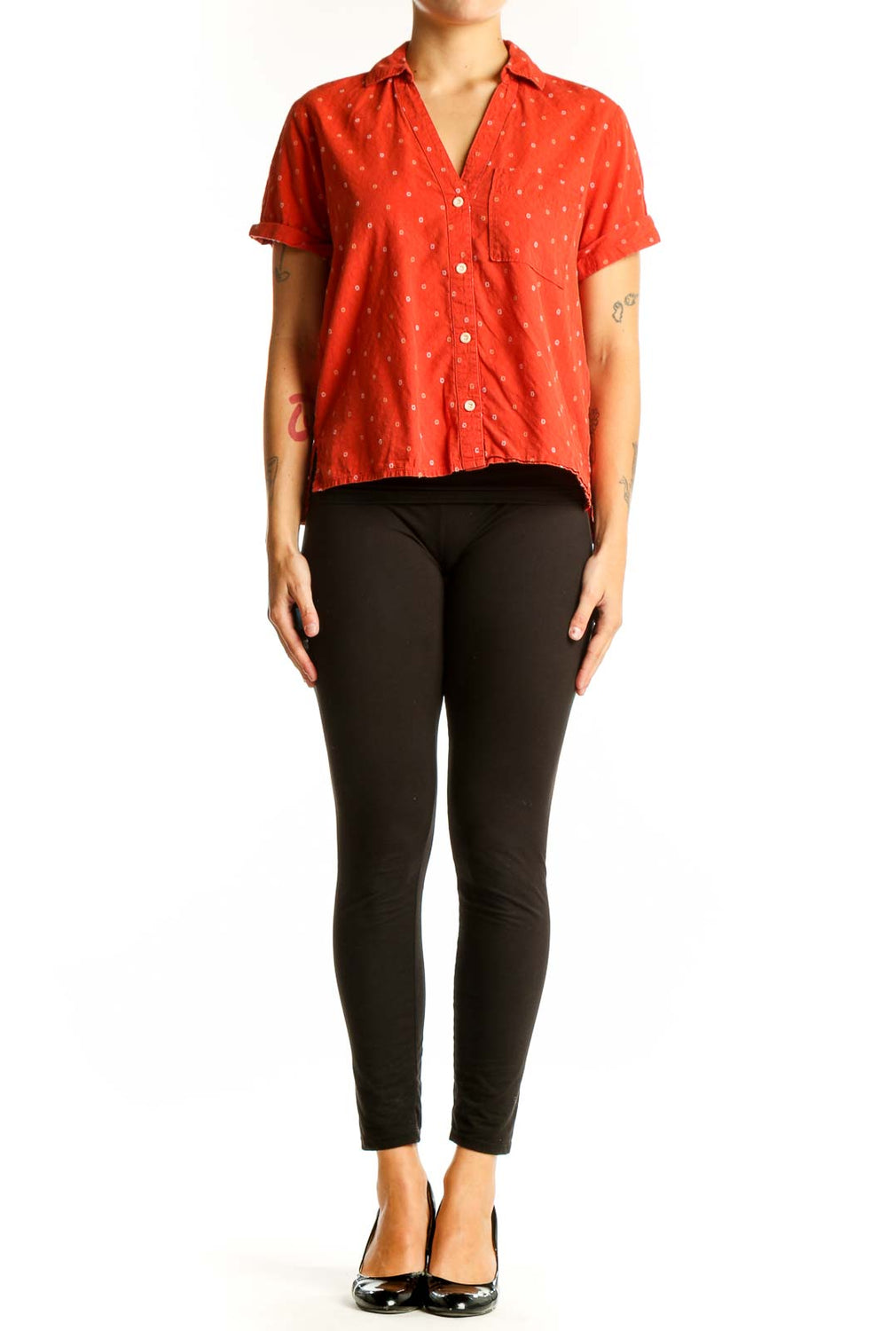 Front view of Madewell red polka dot short-sleeve button-up shirt