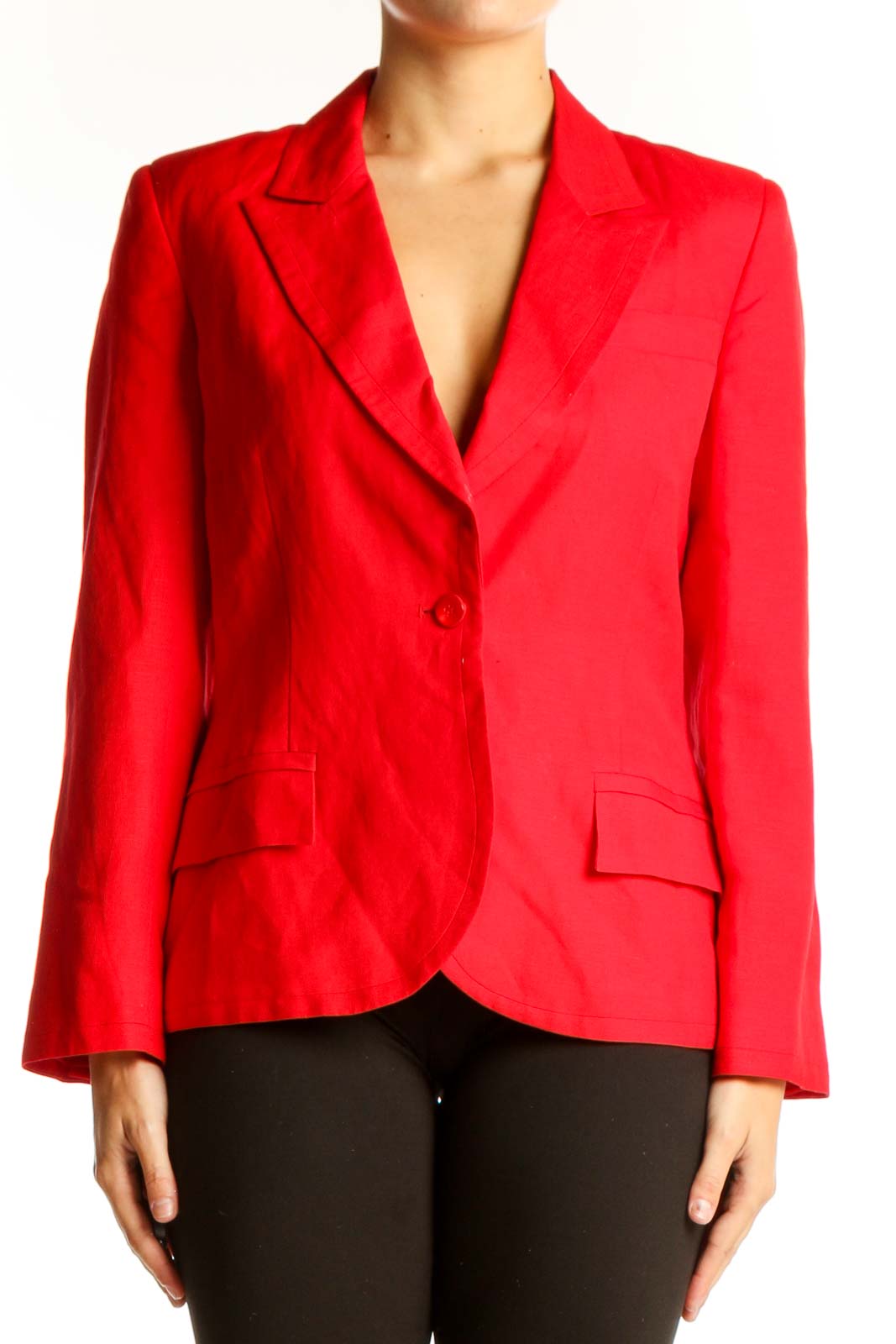 Front view of red Harve Bernard linen-blend blazer with single button closure