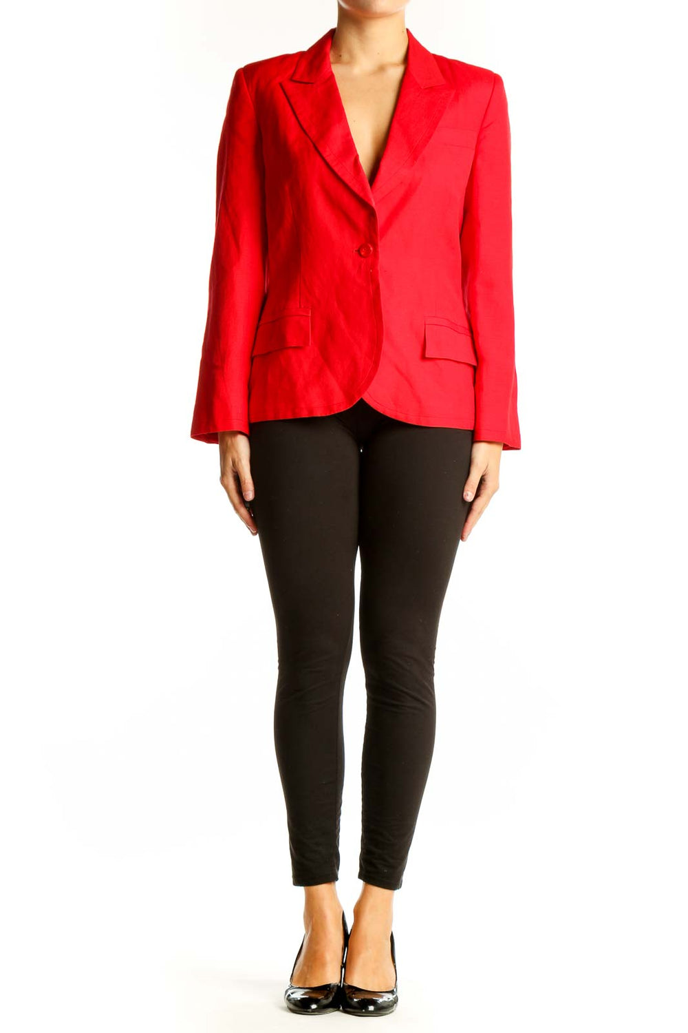 Front view of red Harve Bernard linen-blend blazer with single button closure