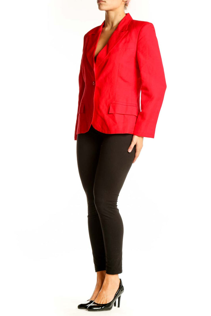 Front view of red Harve Bernard linen-blend blazer with single button closure