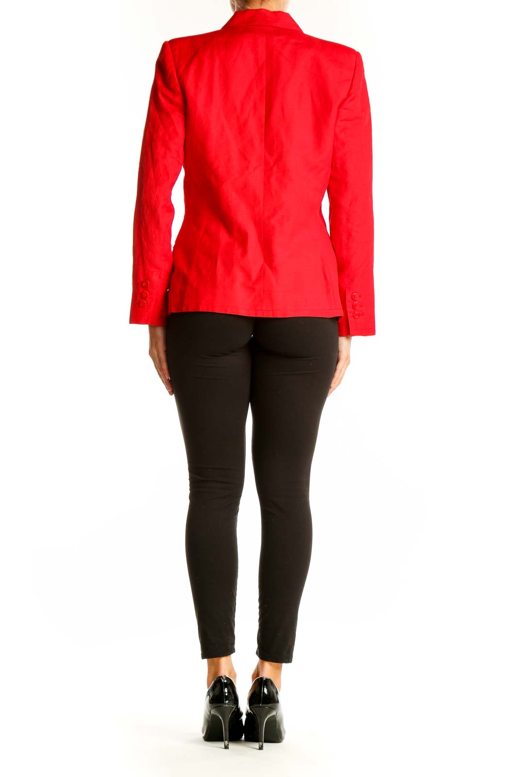 Side view of red Harve Bernard linen-blend blazer on model with black pants