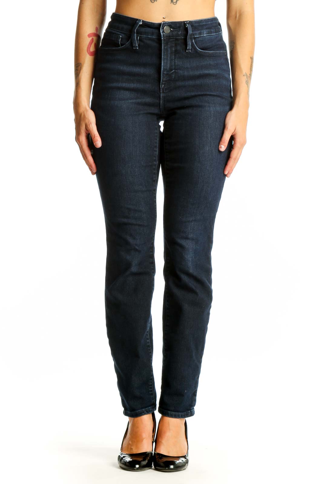 Front view of Athleta dark blue slim fit denim jeans on model