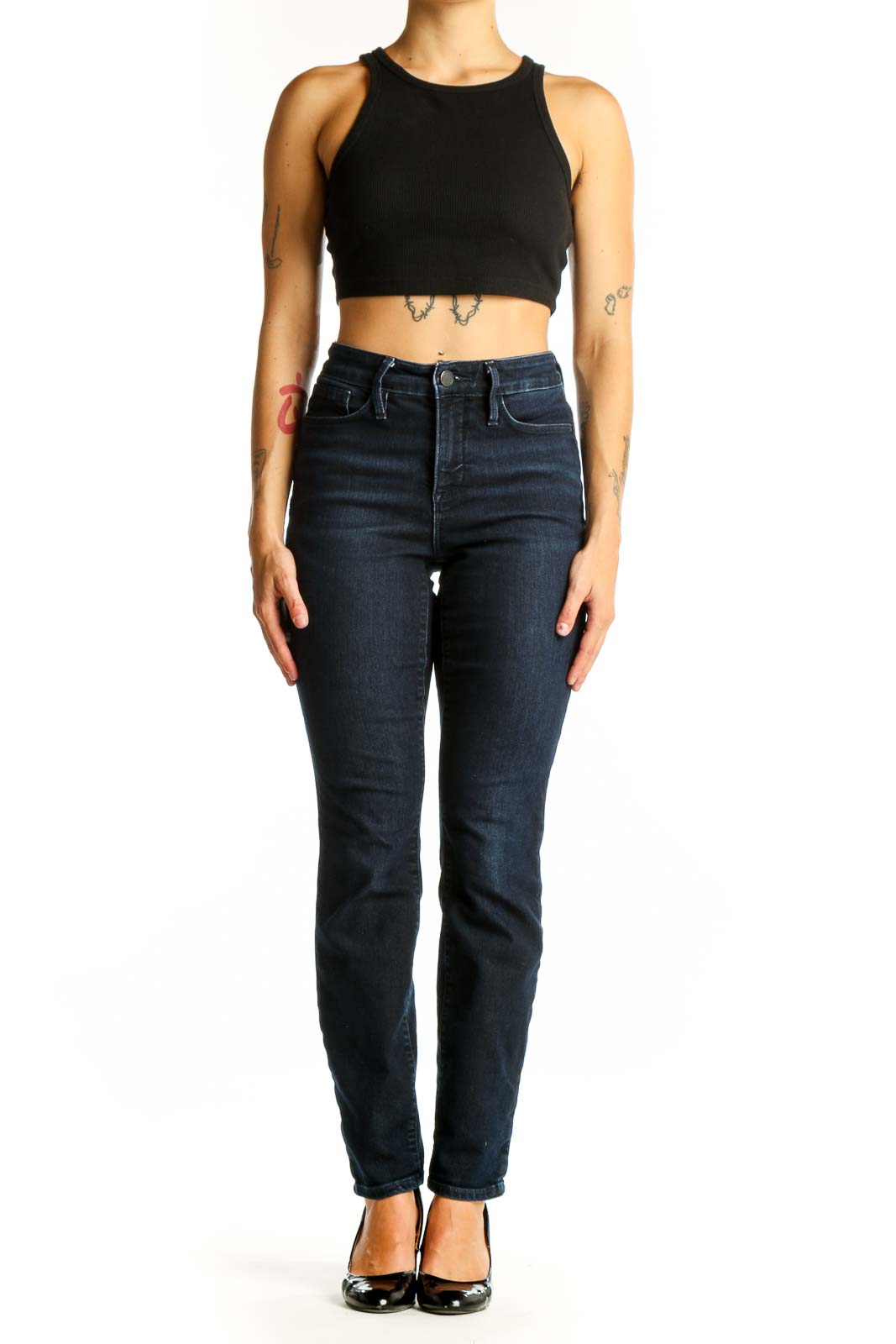 Front view of Athleta dark blue slim fit denim jeans on model