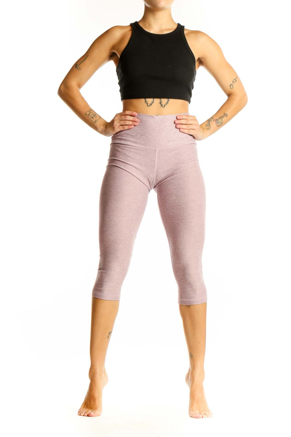 Front view of Scorpio Sol dusty rose high-waisted capri leggings
