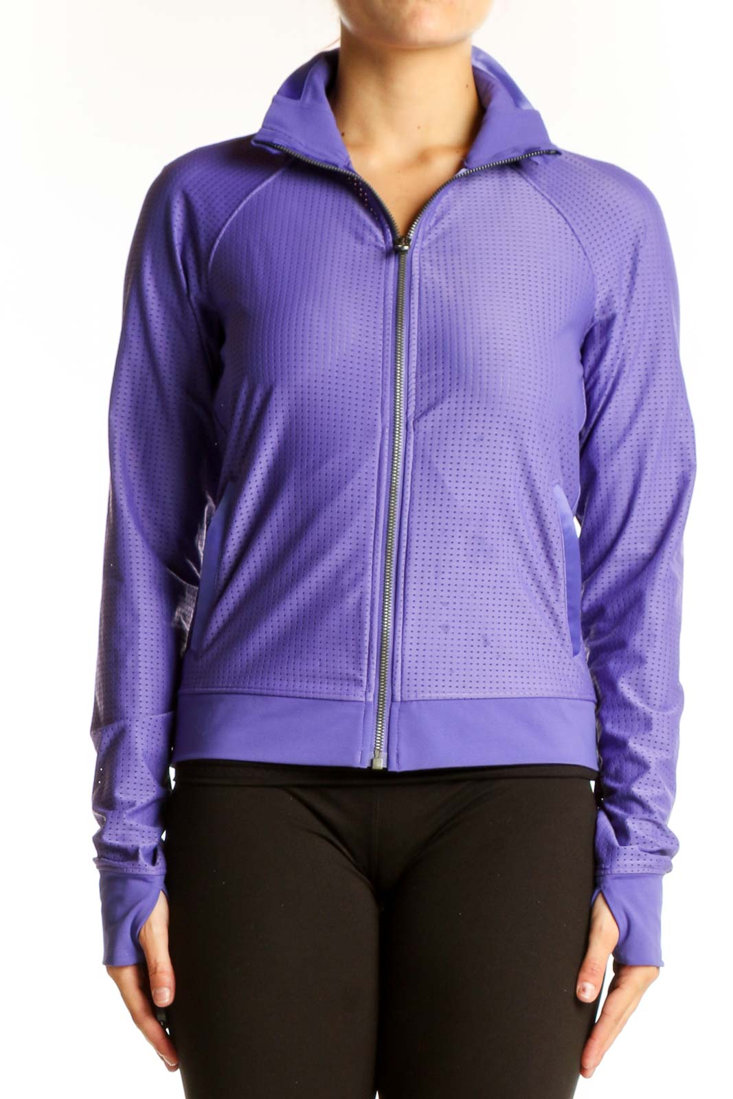 Front view of purple textured Lululemon athletic zip-up jacket