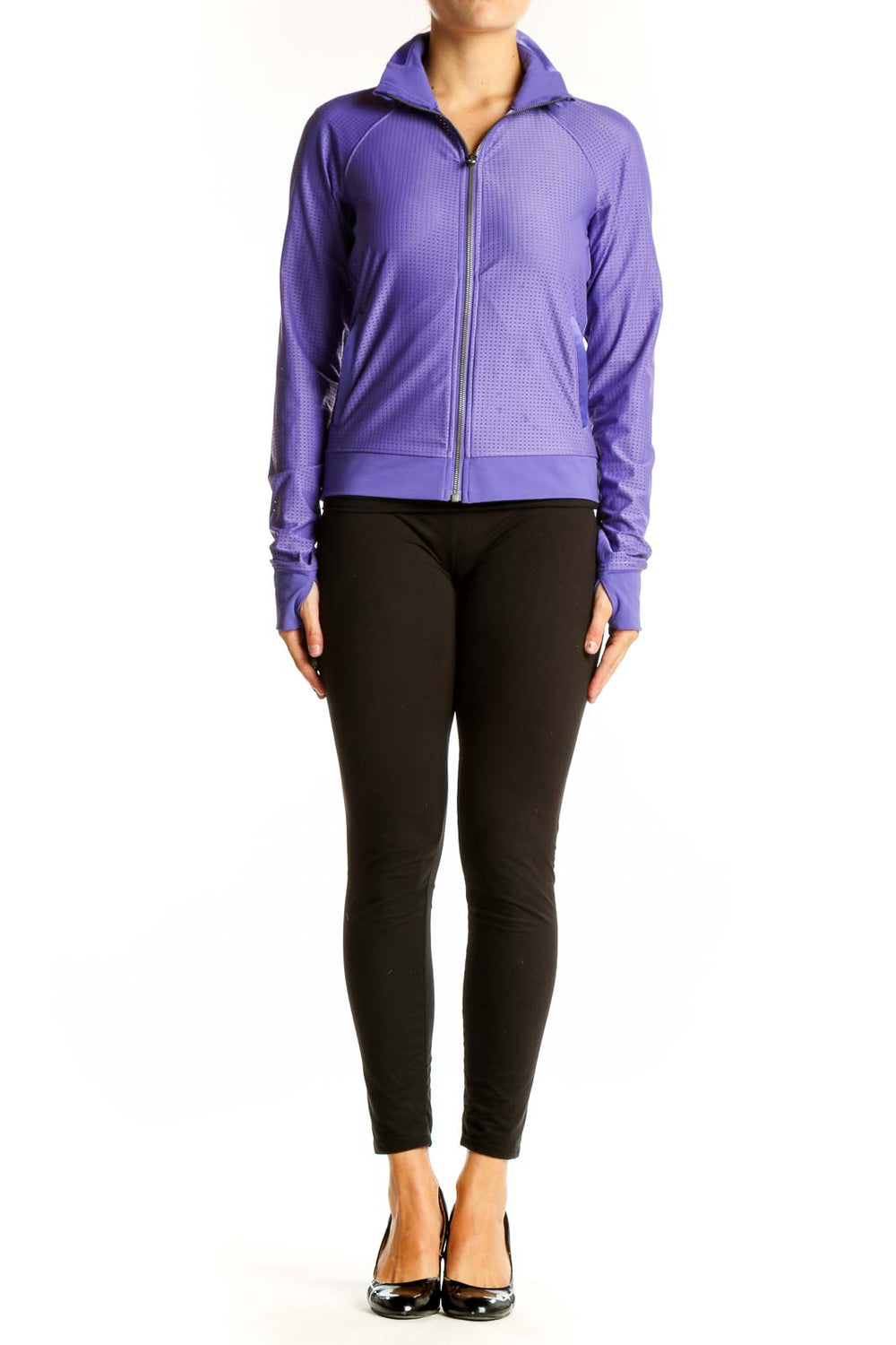 Front view of purple textured Lululemon athletic zip-up jacket