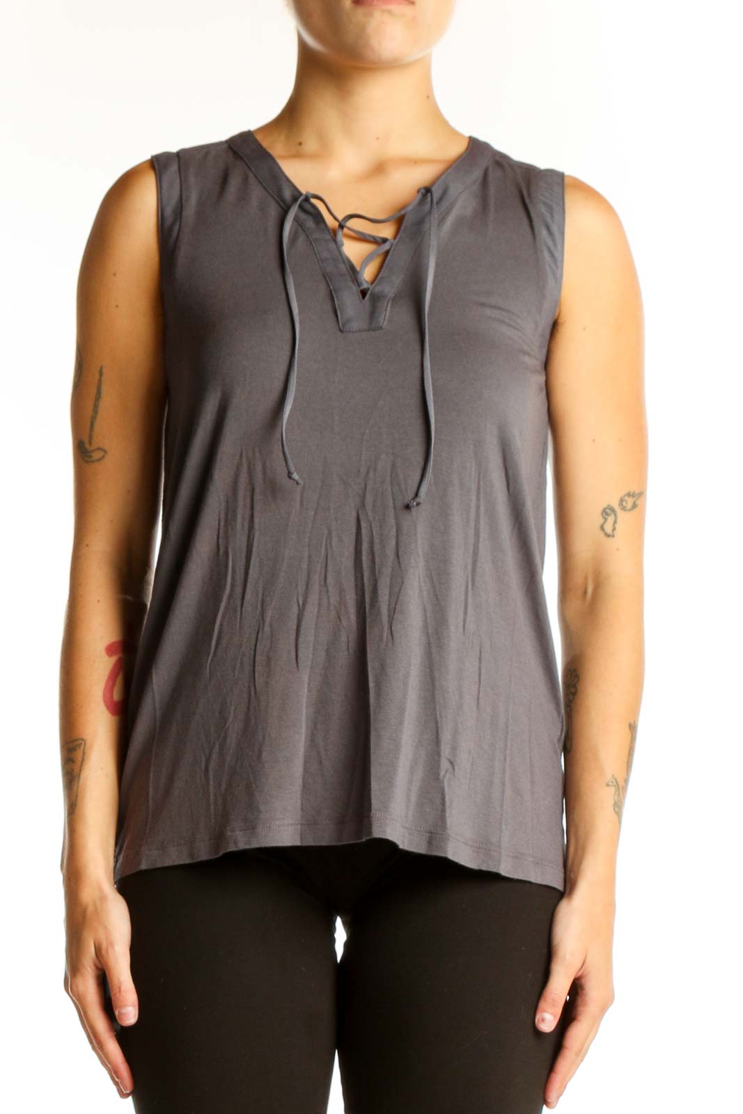 Front view of gray sleeveless top with lace-up neckline from Banana Republic