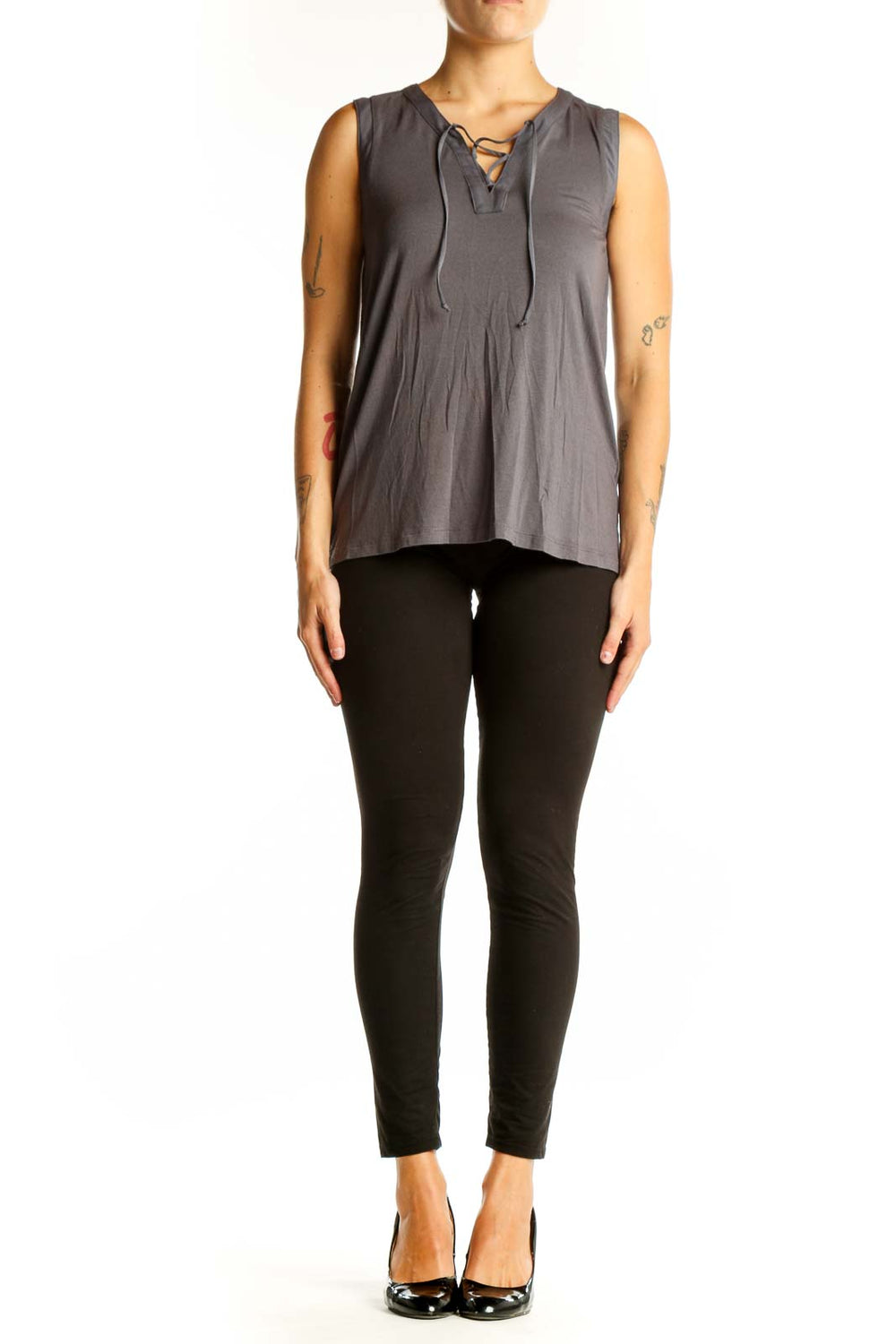 Front view of gray sleeveless top with lace-up neckline from Banana Republic
