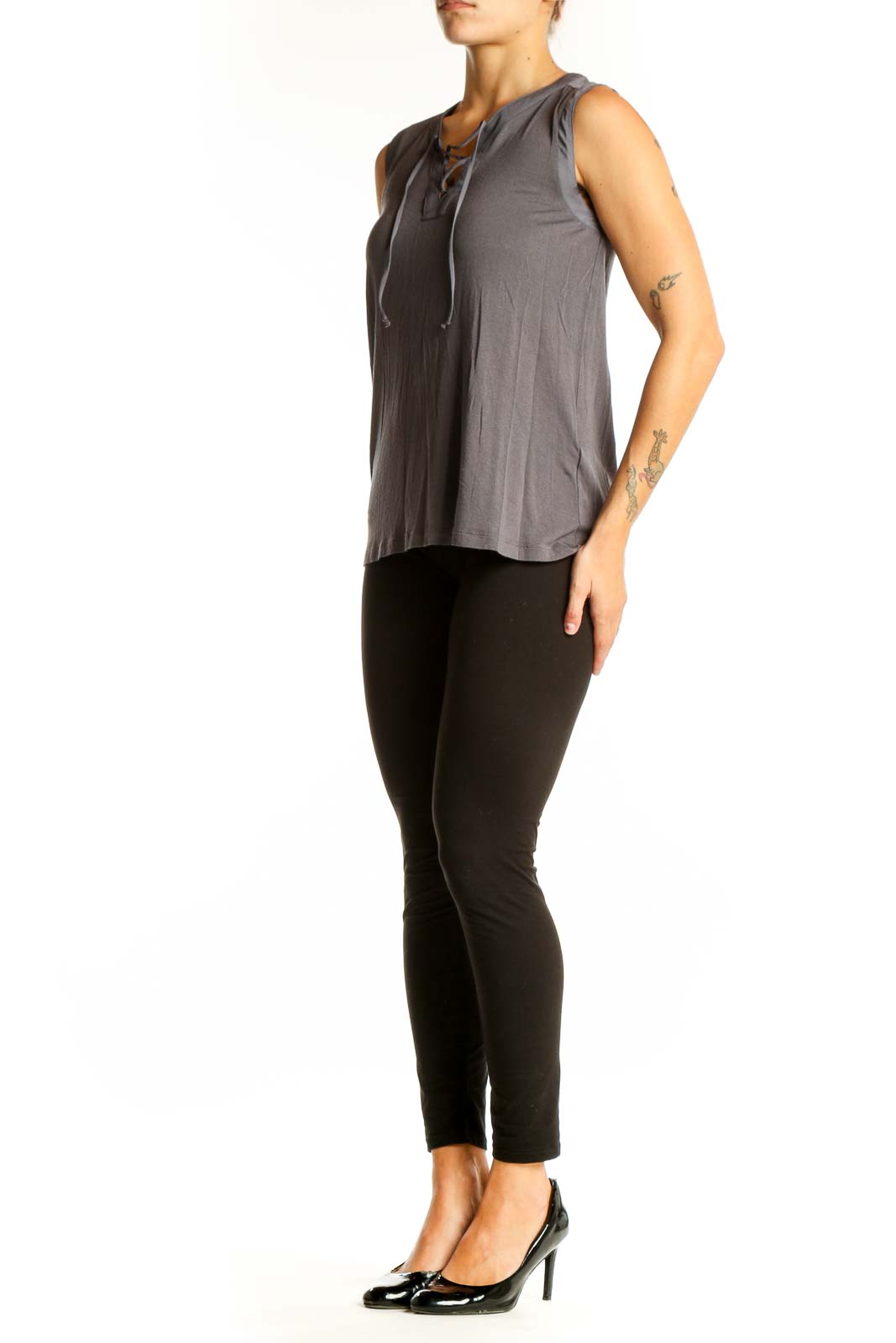 Front view of gray sleeveless top with lace-up neckline from Banana Republic