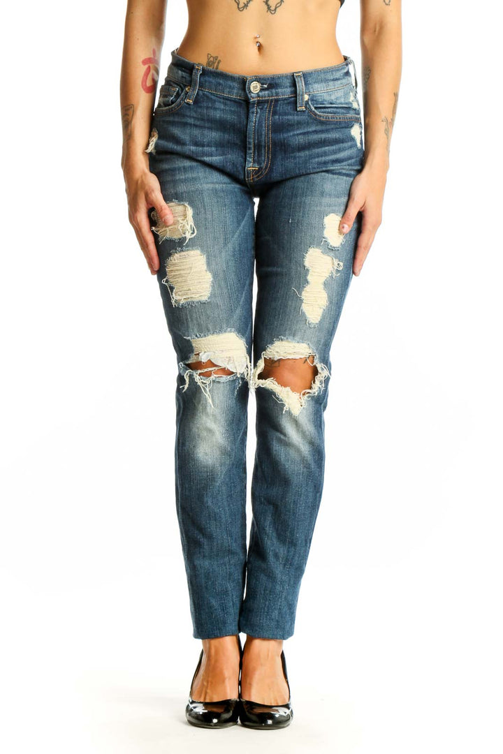 Front view of 7 For All Mankind blue distressed straight leg jeans with rips