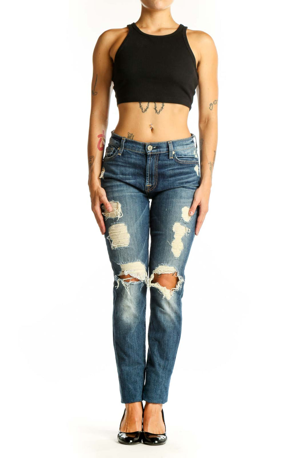 Front view of 7 For All Mankind blue distressed straight leg jeans with rips